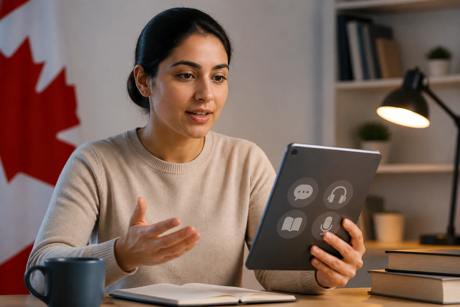 Portrait of a person using a language learning app to improve proficiency for immigration
