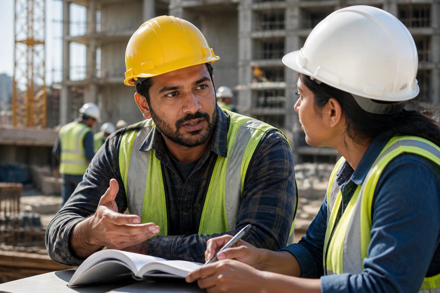 Construction worker on site discussing language and safety basics
