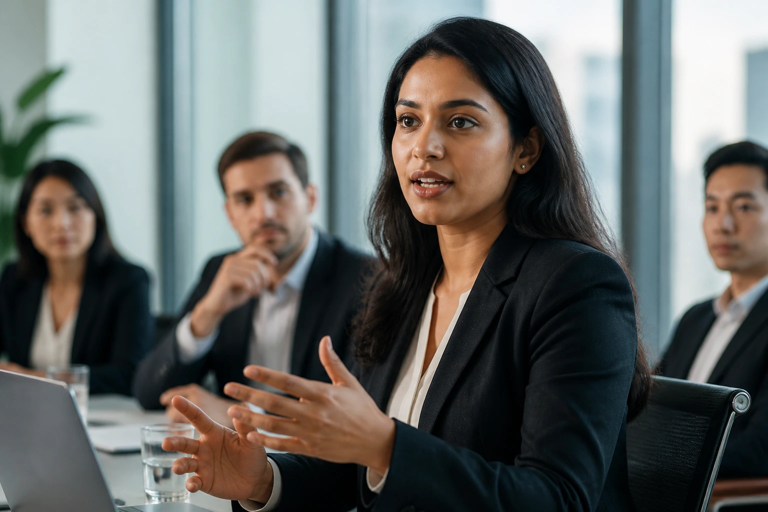 Medium close-up of a professional speaking in a conference room