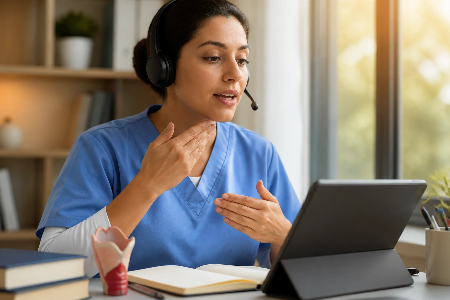 Healthcare professional practicing language skills in a quiet study area
