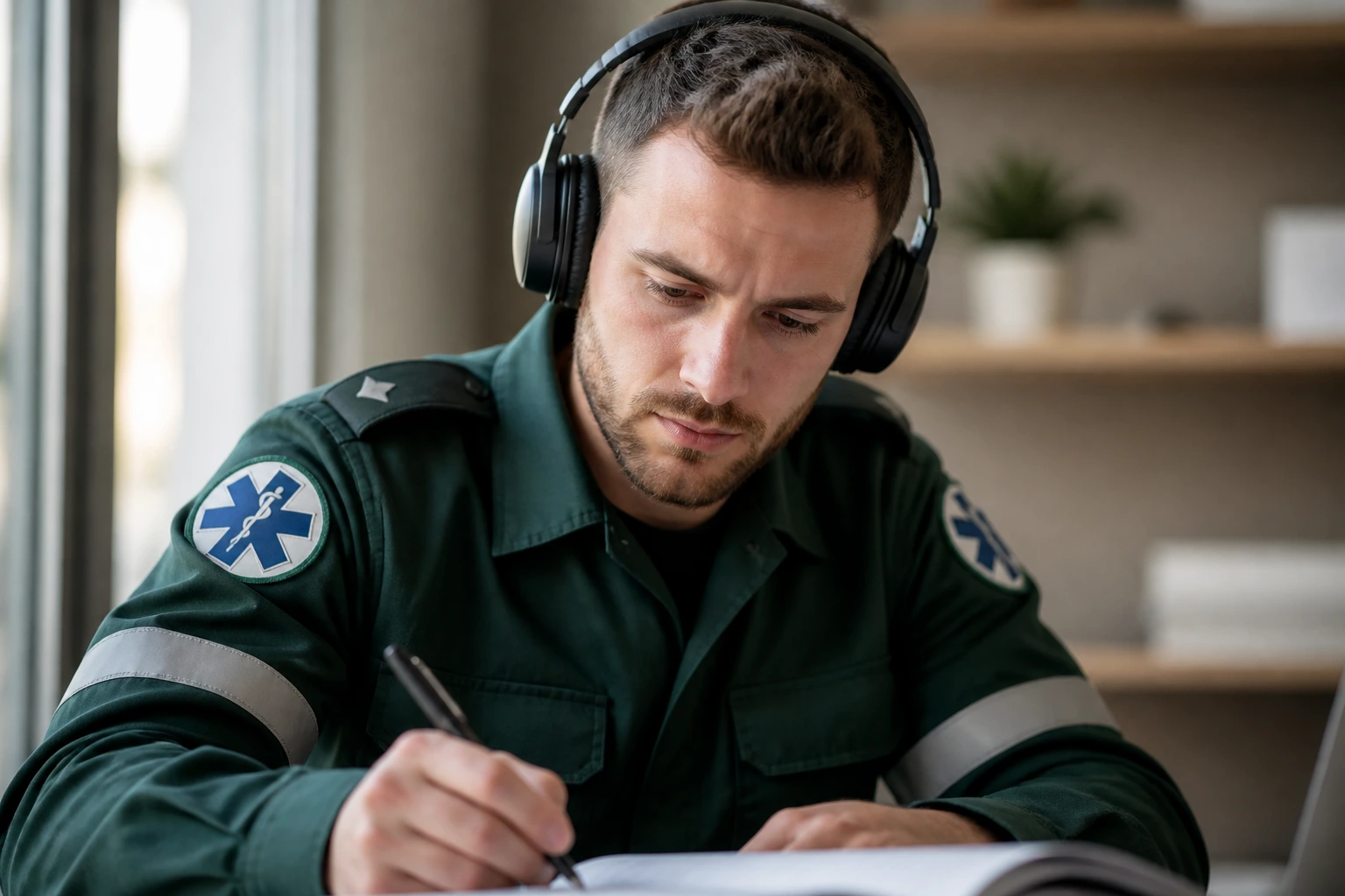 Paramedic with headphones in a study space
