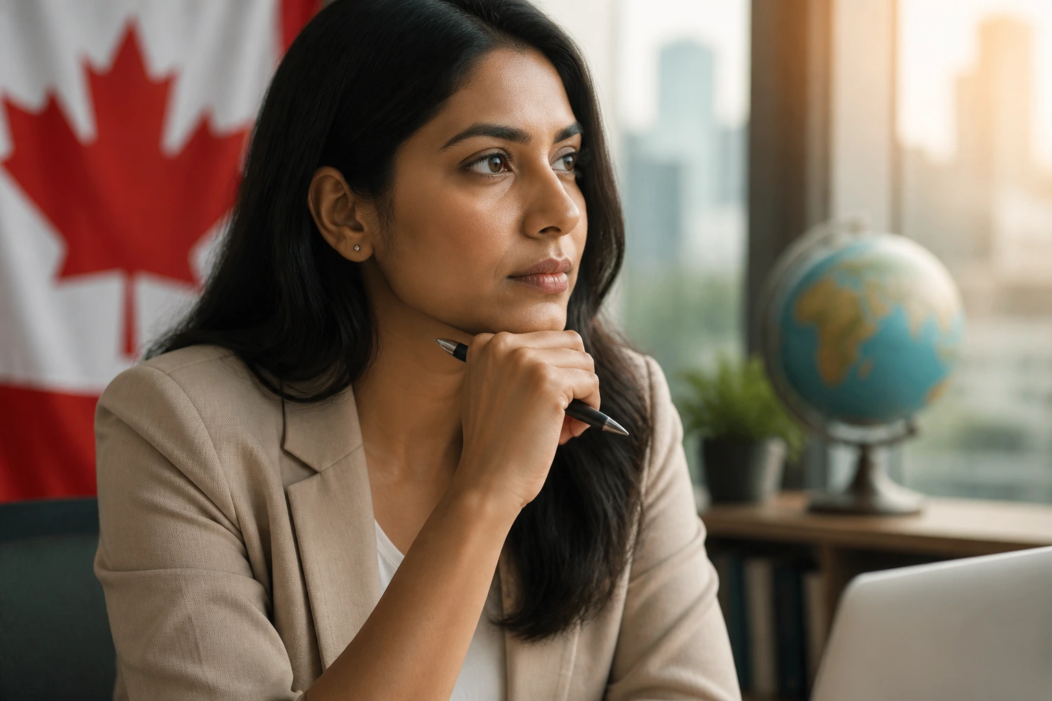 Close-up portrait of a real person in an office illustrating language proficiency