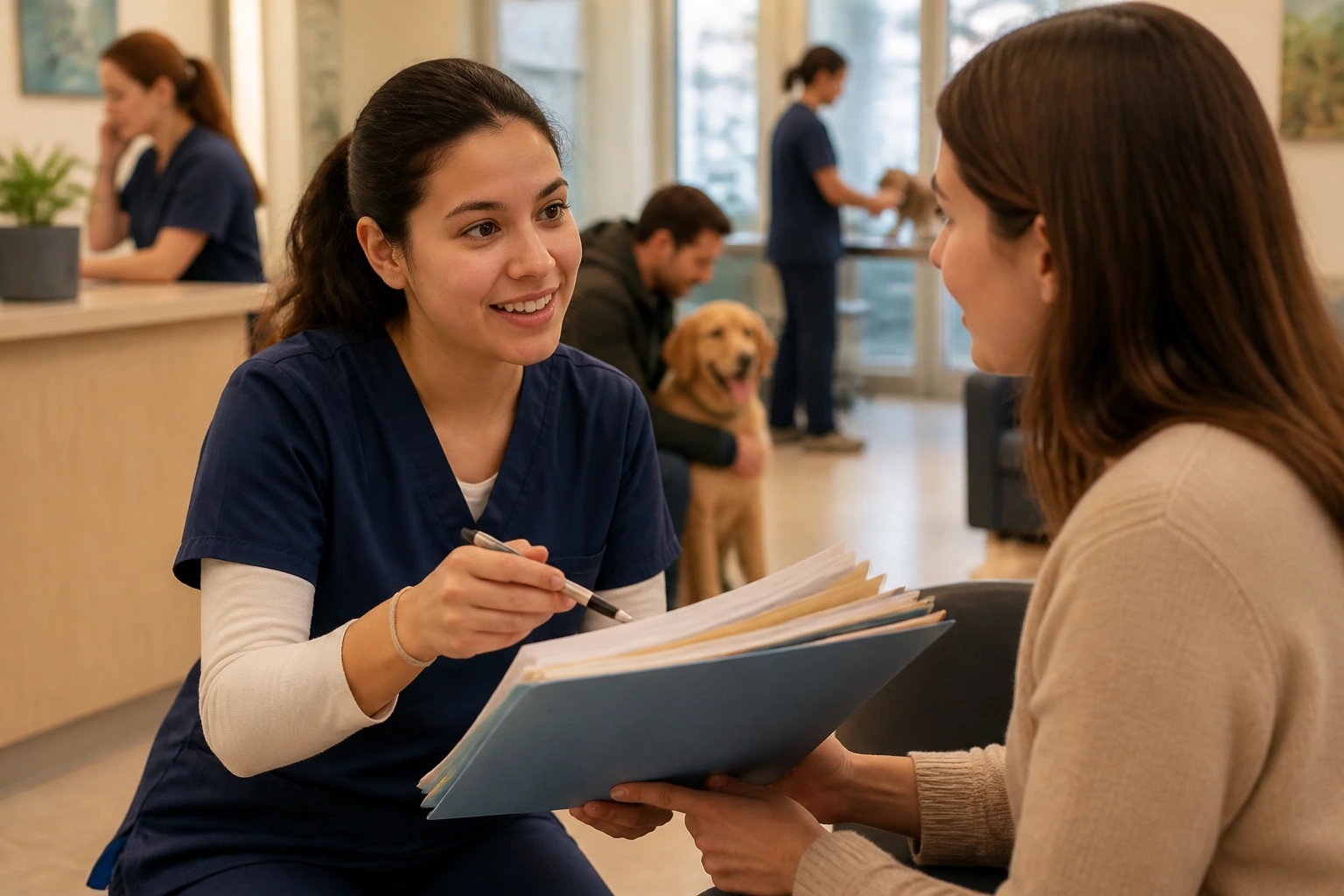 Vet assistant communicating with client in clinic