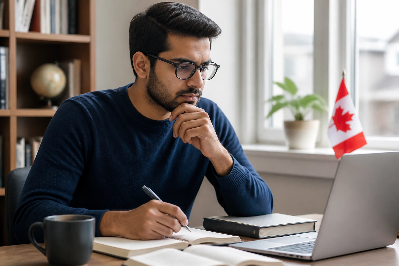 Close-up of a professional studying language tests in a quiet home office