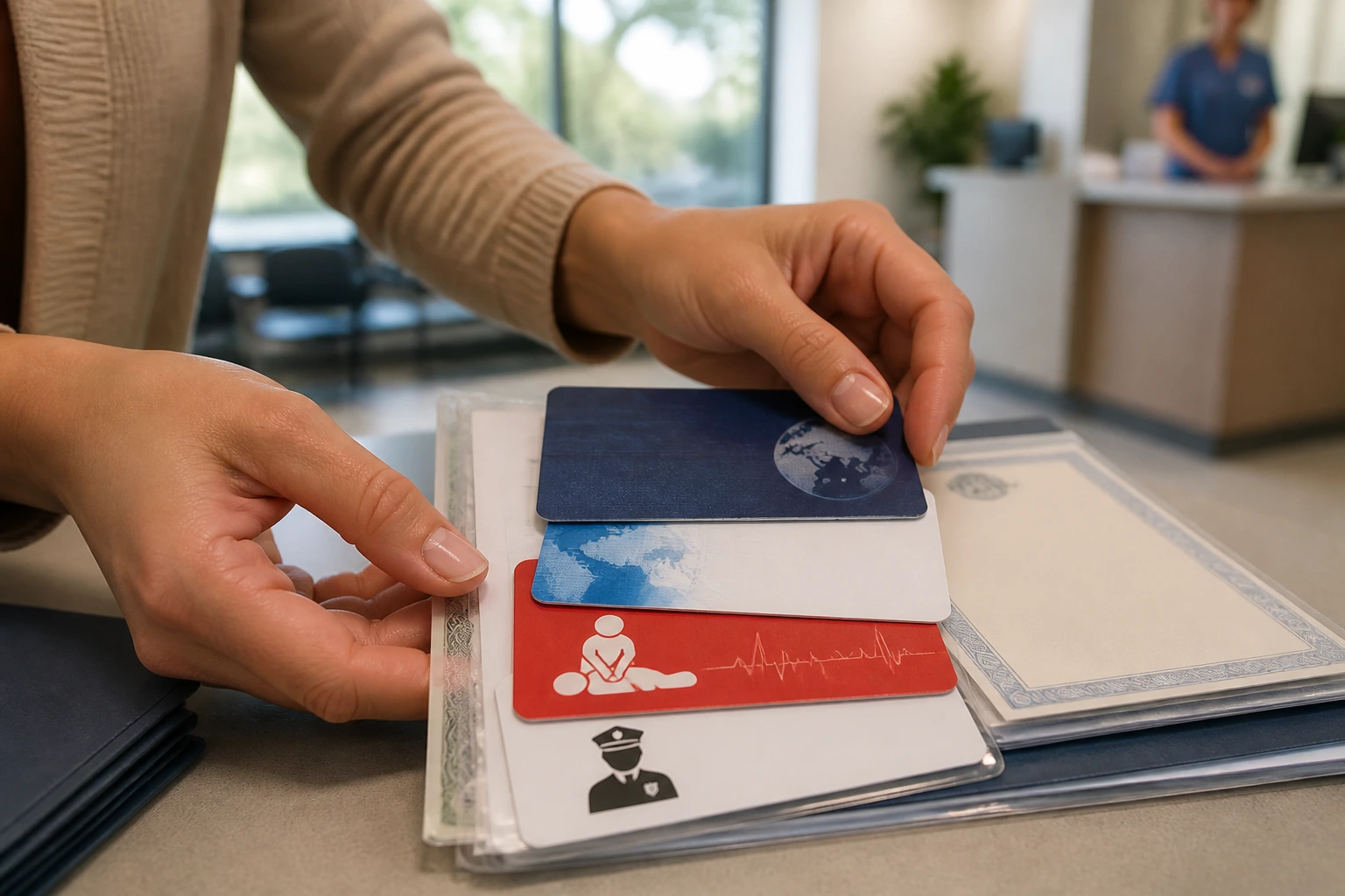 Close-up of hands with documents and cards related to language skills and safety checks