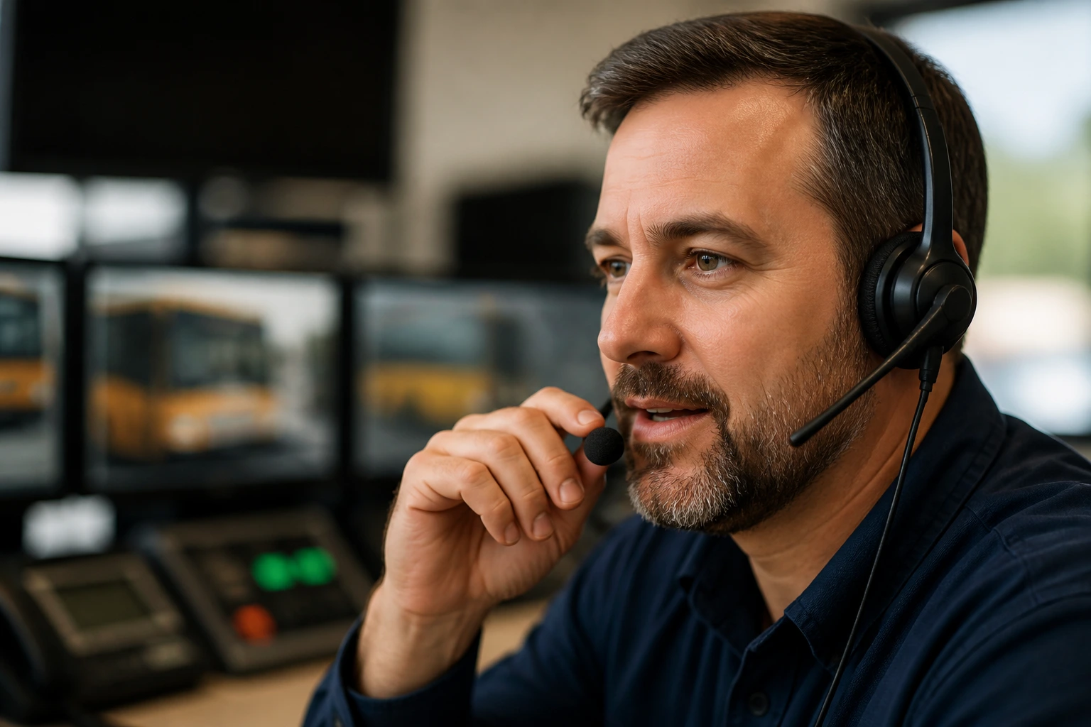 Bus driver wearing a headset in a dispatch setting, emphasizing communication skills