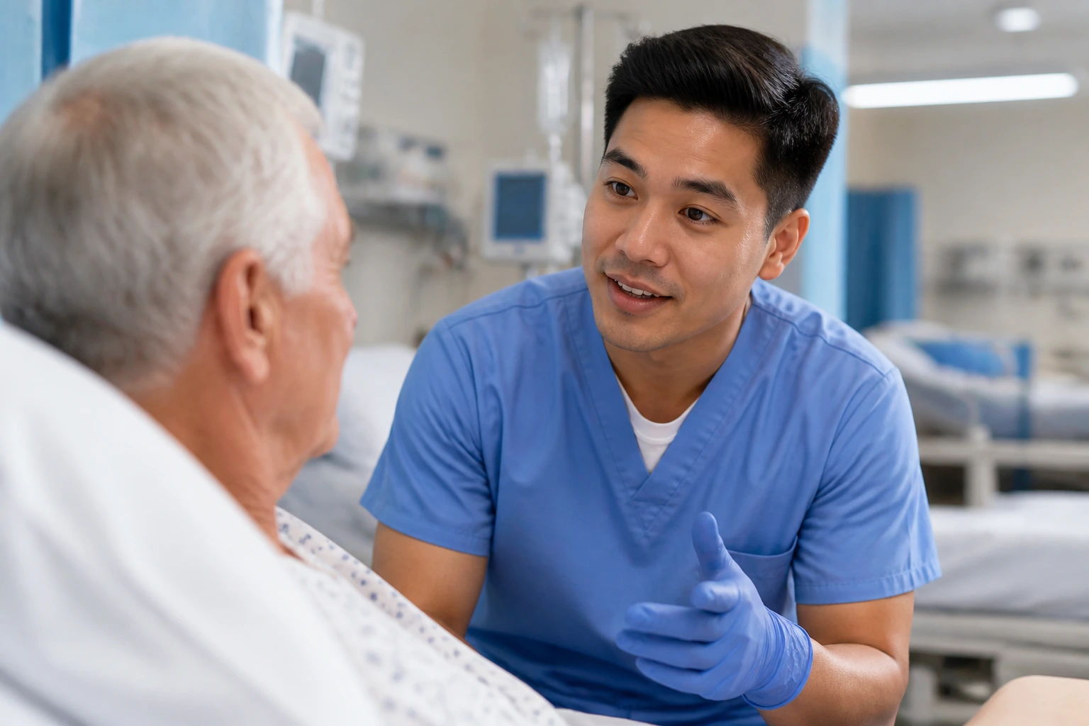 Hospital worker communicating with patient in a ward, highlighting language skills