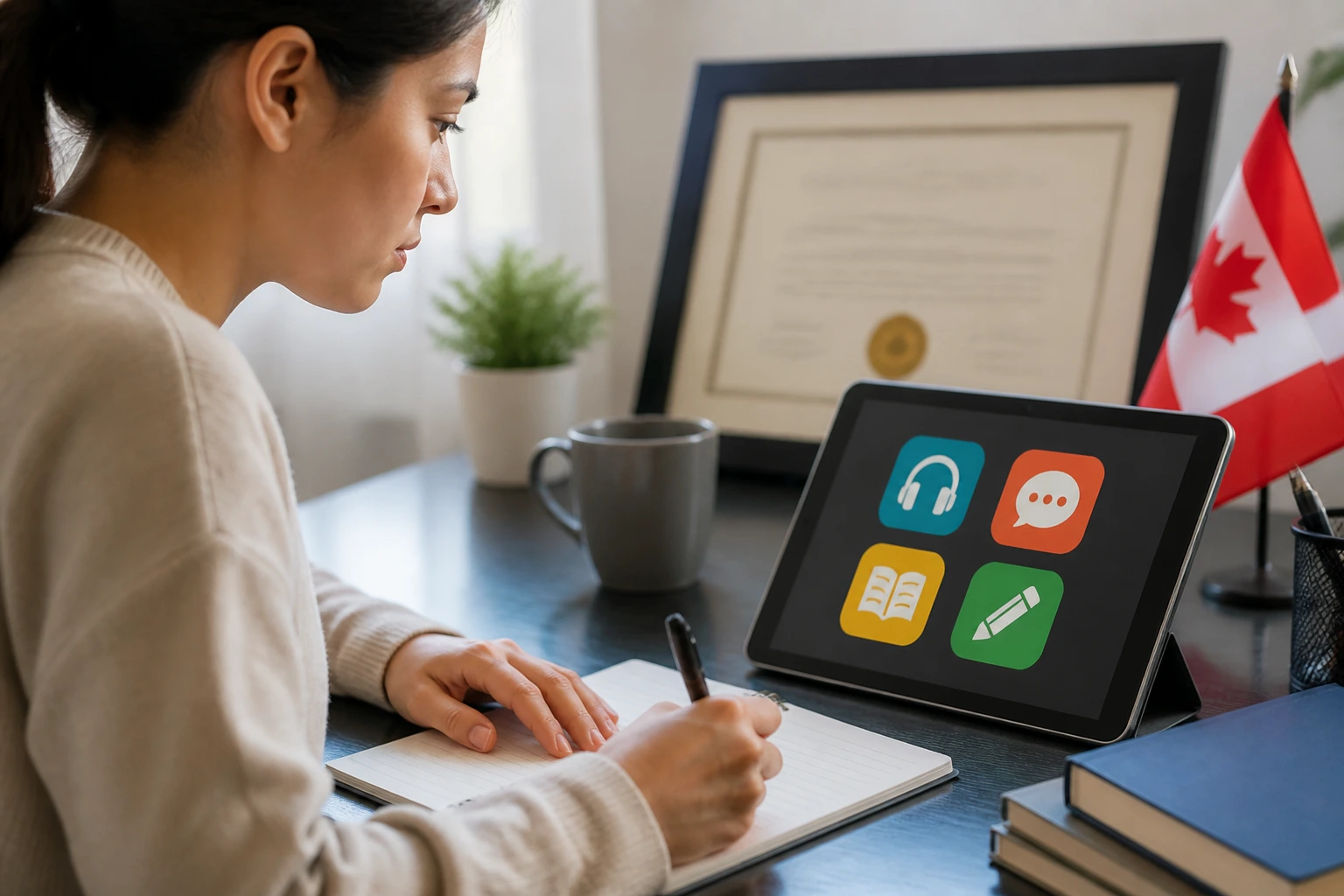 Person studying with language app on tablet and blurred certificate in background