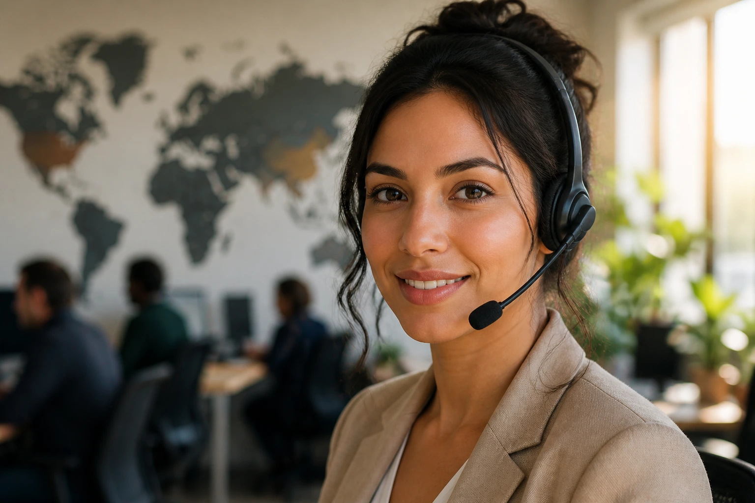 Close-up portrait of a bilingual professional wearing a headset in an office.