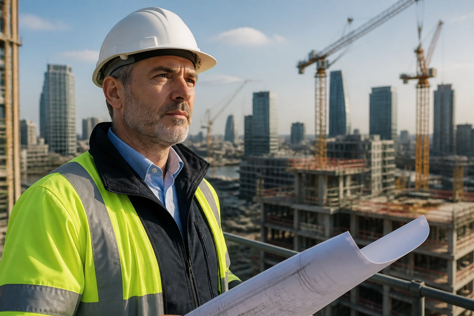Senior construction manager in PPE with city skyline at a high-rise site