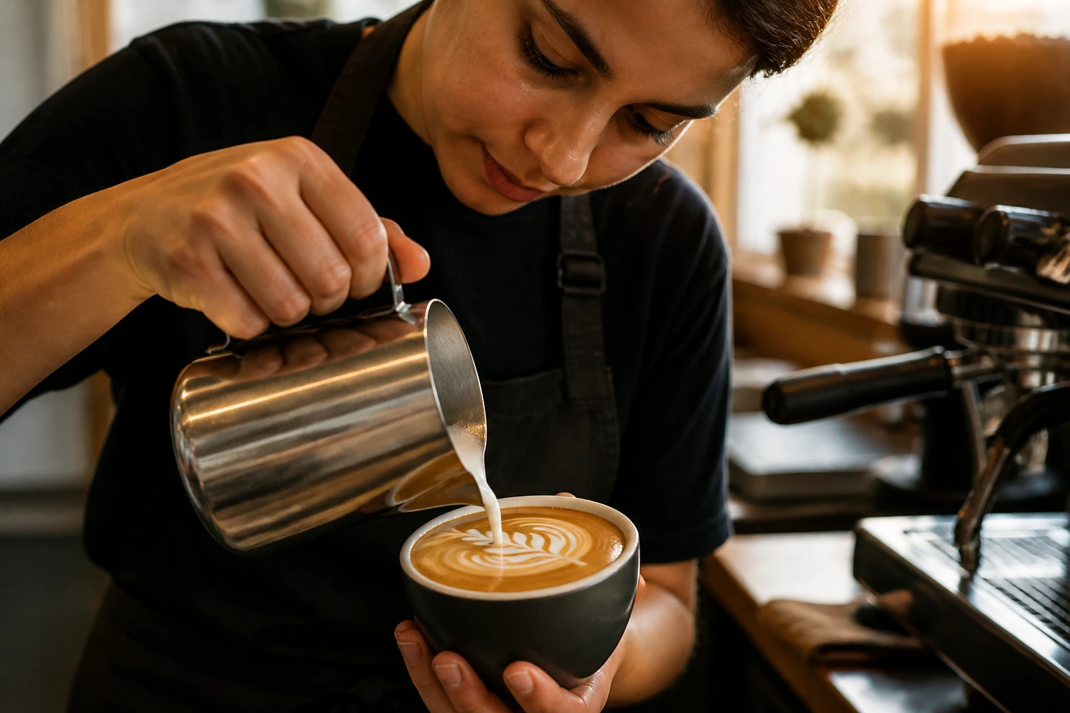 Close-up latte art by a real barista showing transferable skills
