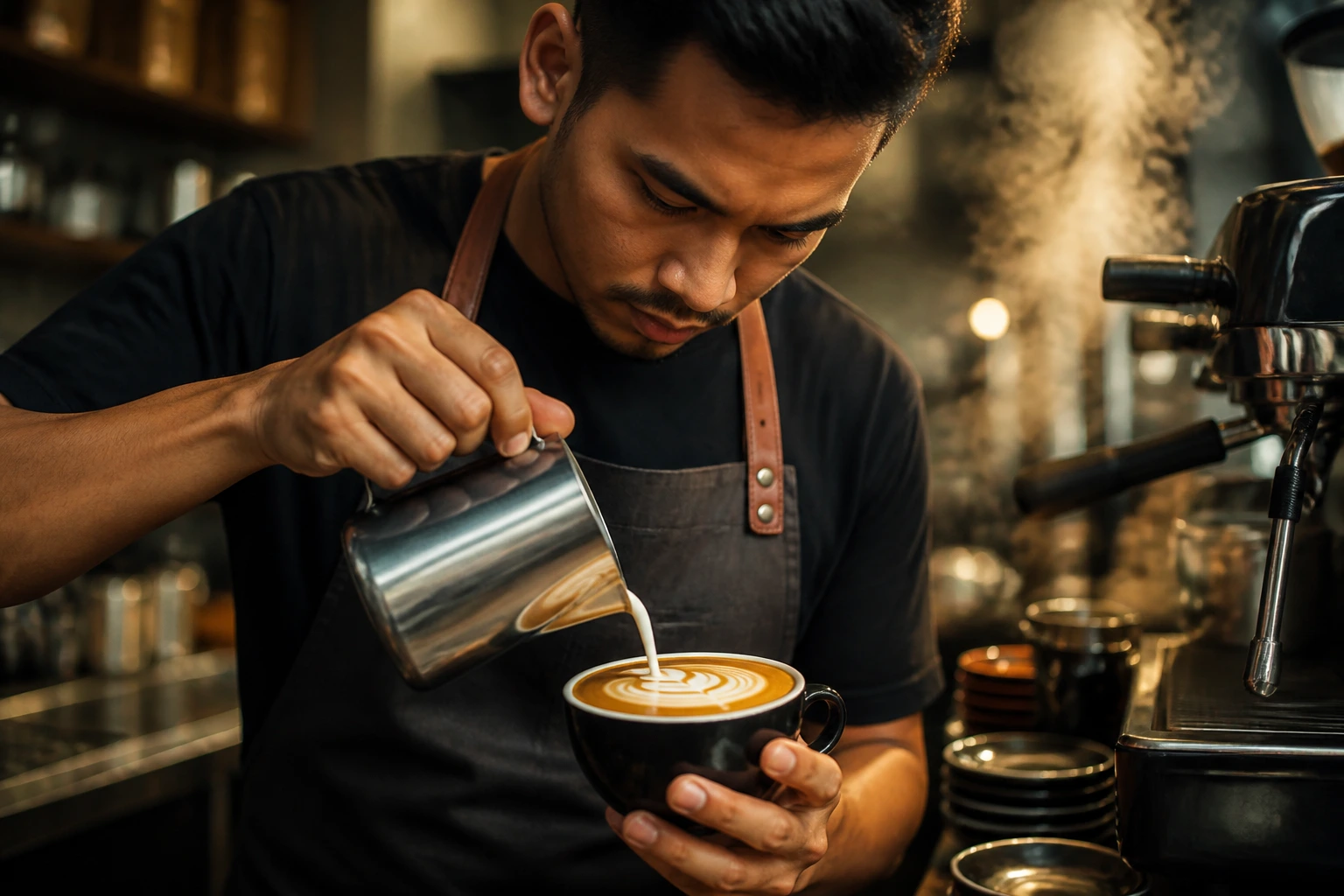 Barista pouring latte art with focused expression