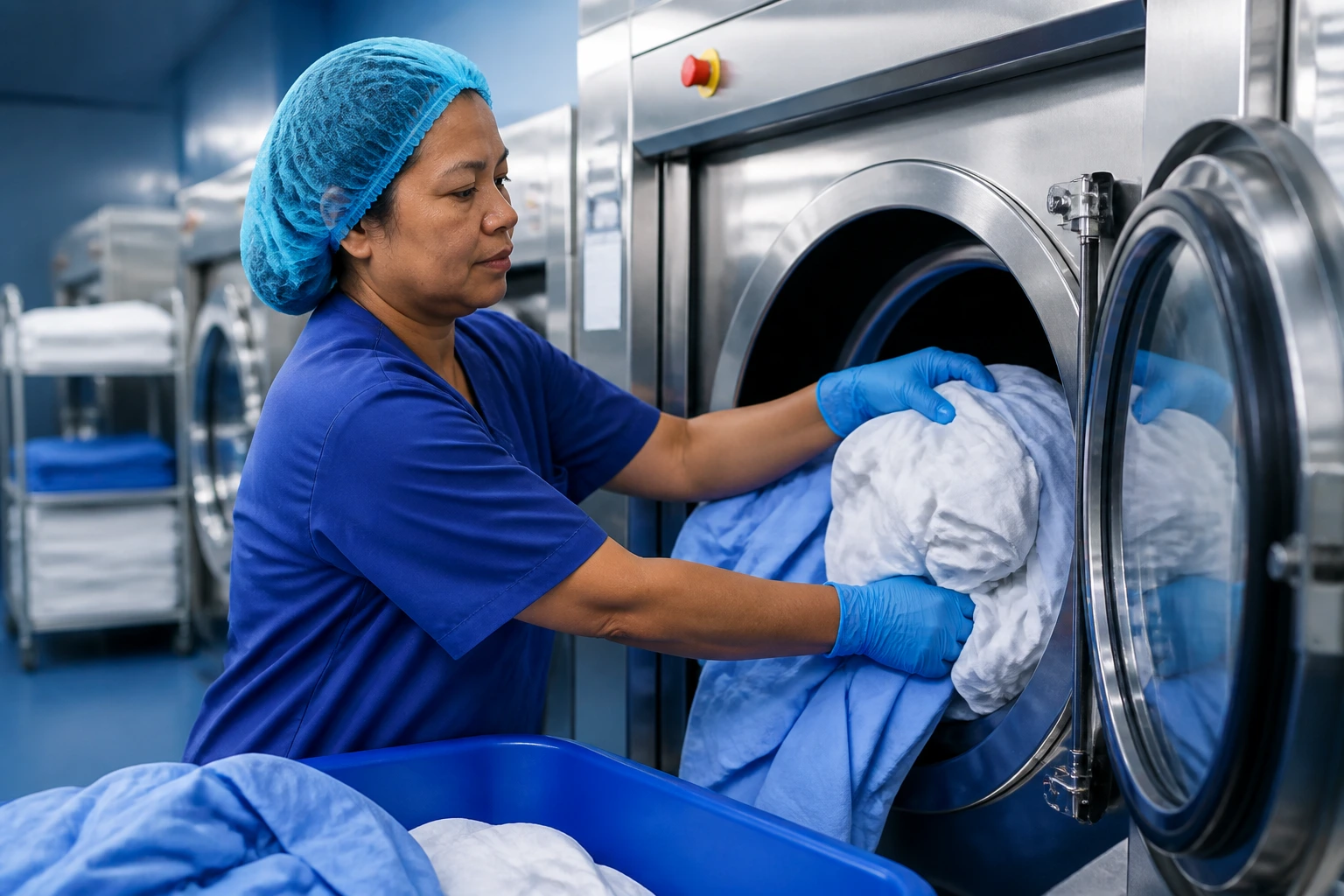 Hospital laundry worker operating industrial washer in sterile facility