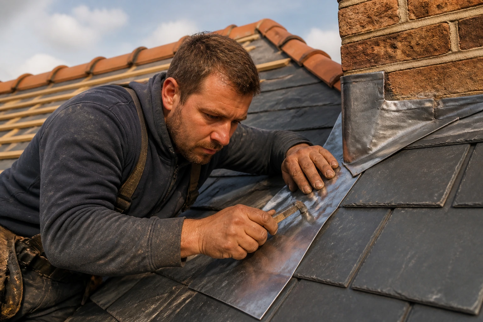 Roofer performing lead flashing work on a pitched roof