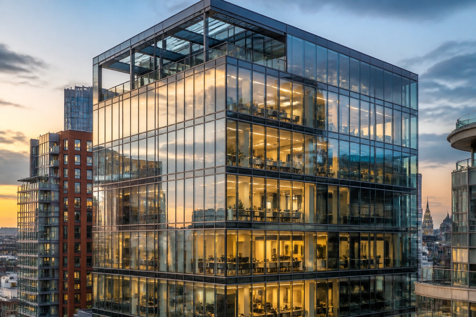 Close-up of Leeds glass-front office tower at golden hour