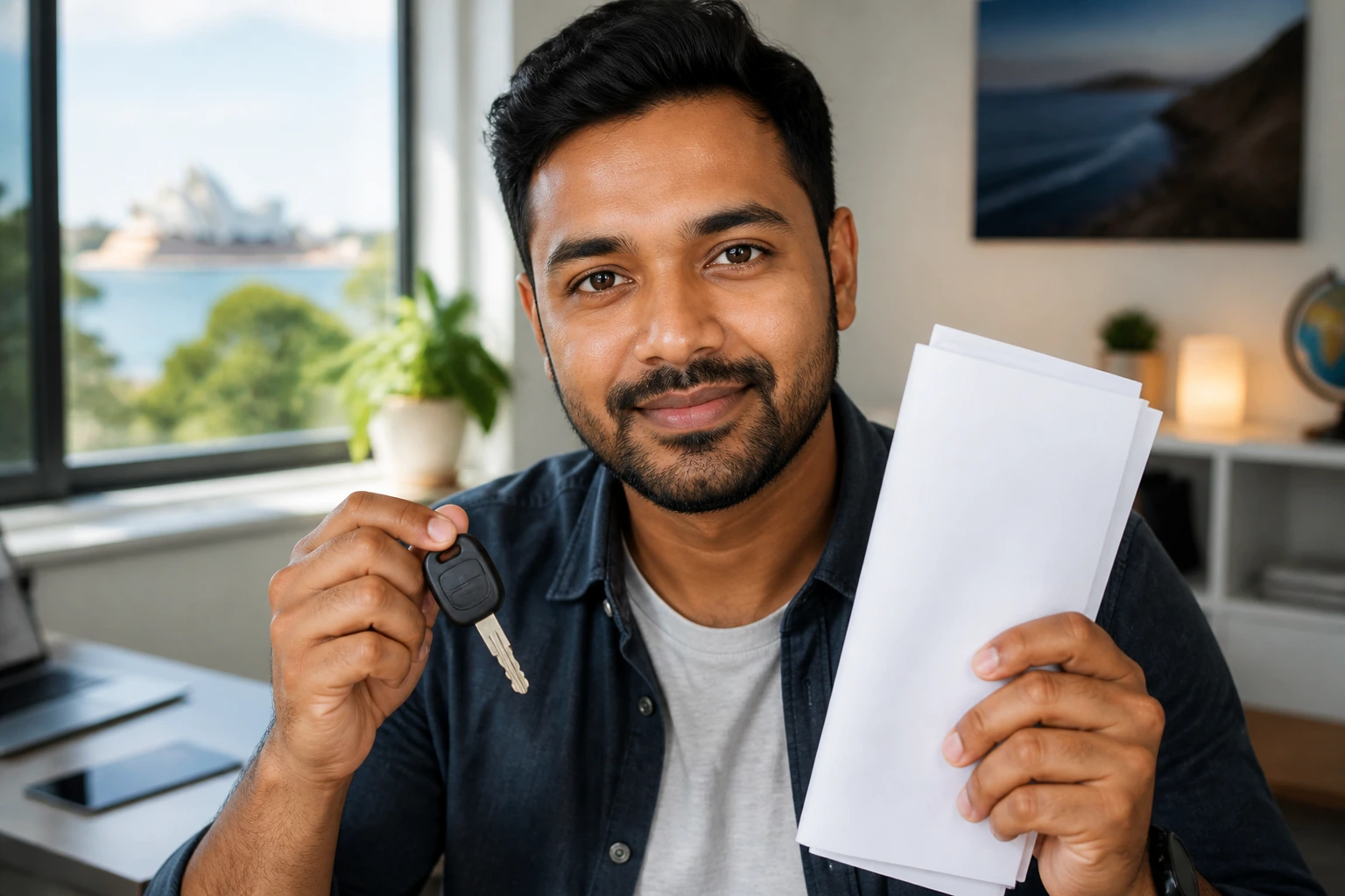 Close-up portrait of a diverse adult planning legal driving in Australia, holding car keys with a calm, confident expression