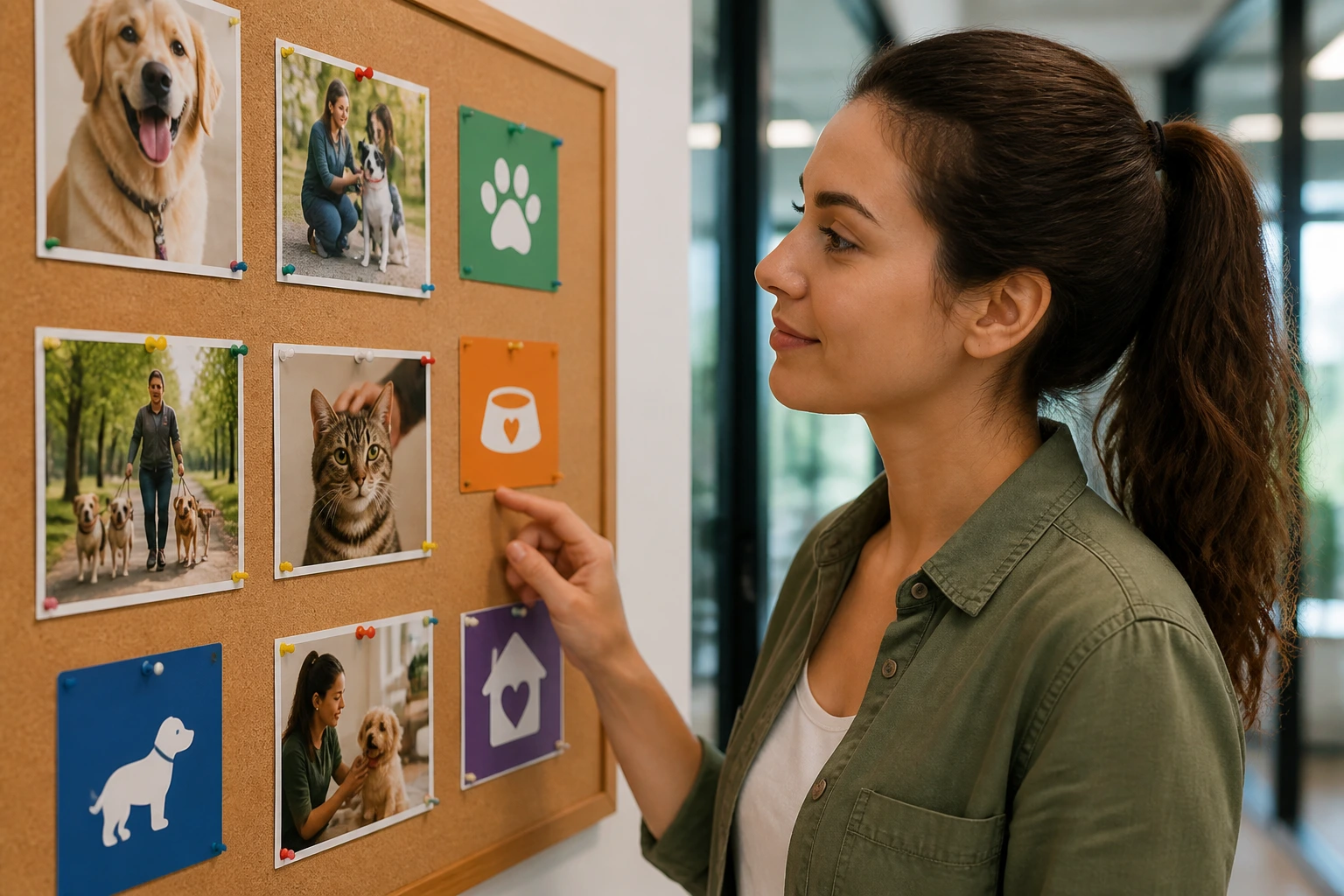 Person beside corkboard with pet-care icons in an office