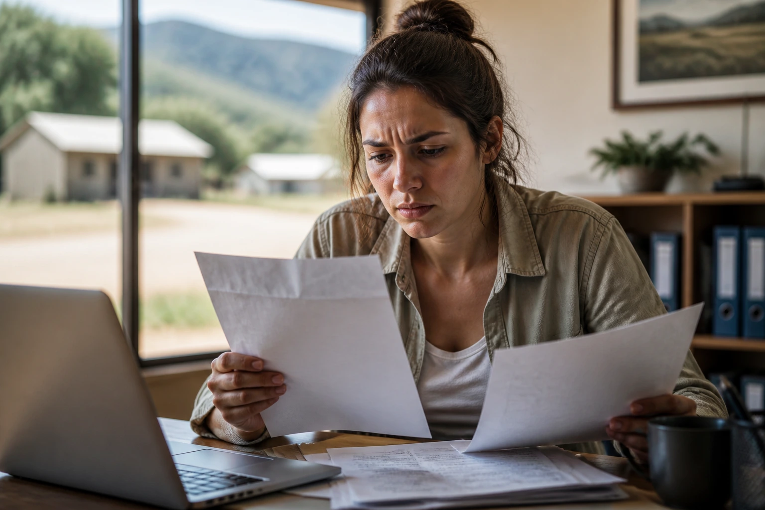 Beware of scams; cautious person in a small-town office