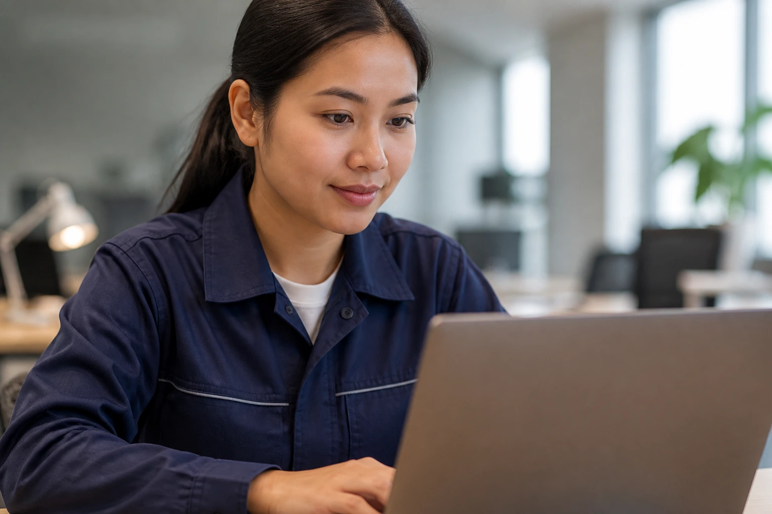 Person at a desk with a laptop, screen blurred to avoid text