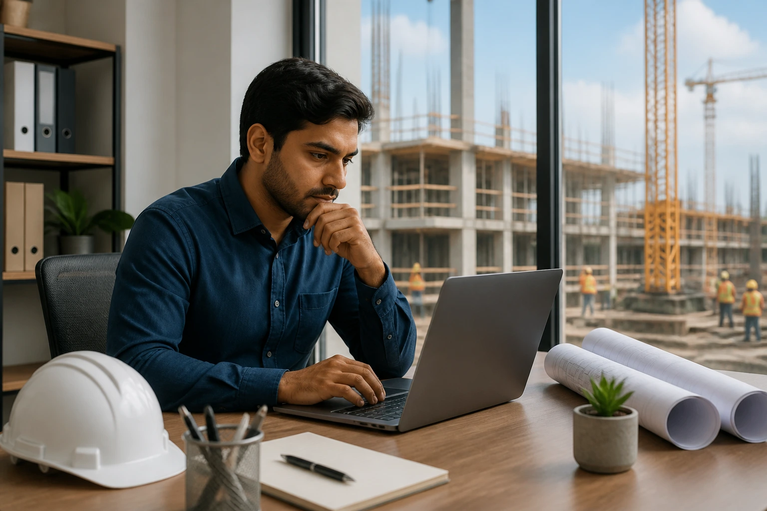 Job seeker at a desk with laptop and construction site view