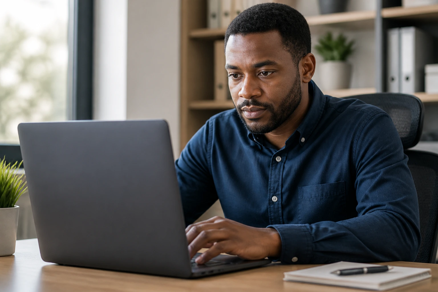 Close-up of a job seeker evaluating a legitimate offer on a laptop in a bright office