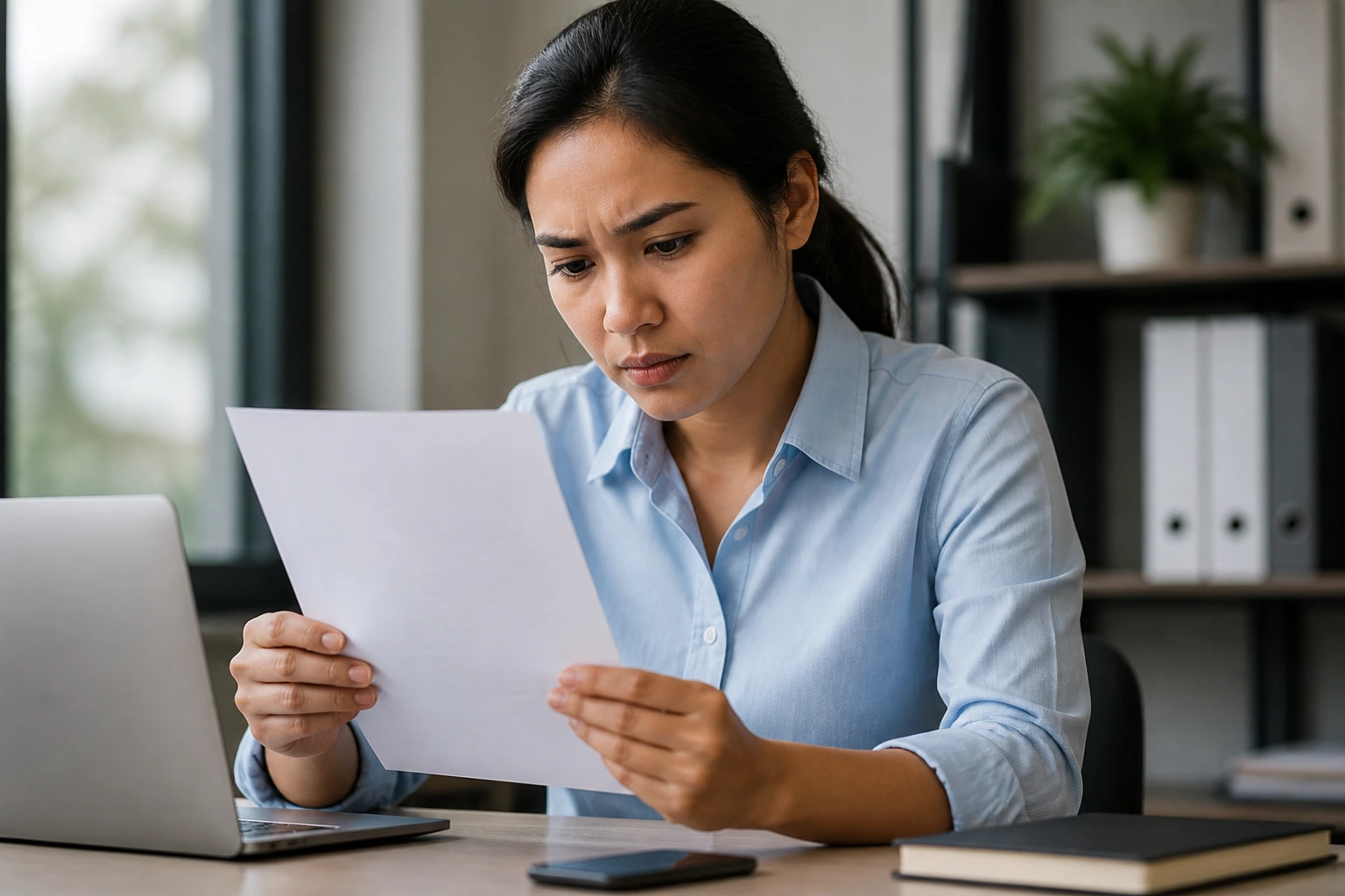Portrait of a real person evaluating a document at a desk in a professional setting