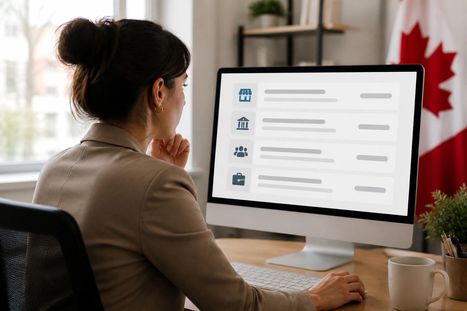 Portrait of a job seeker evaluating legitimate Canadian department store openings on a computer in an office, screen shows generic listings as icons with no text.