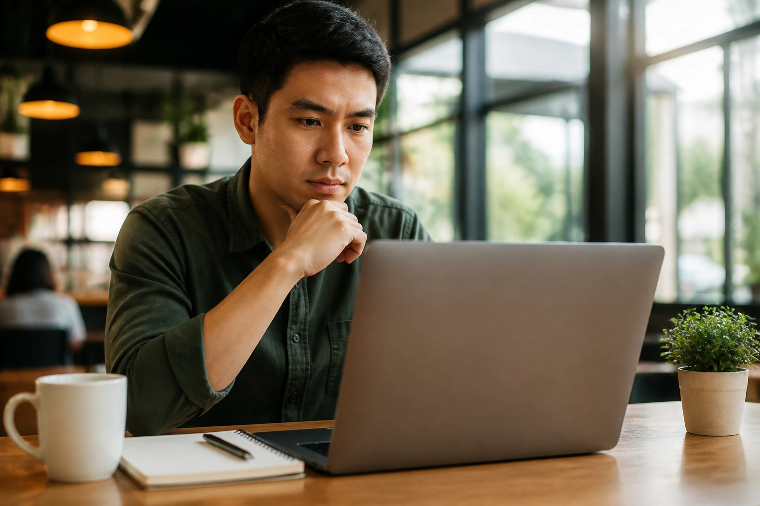 Person at a laptop in a cafe seeking legitimate visa sponsorship postings.