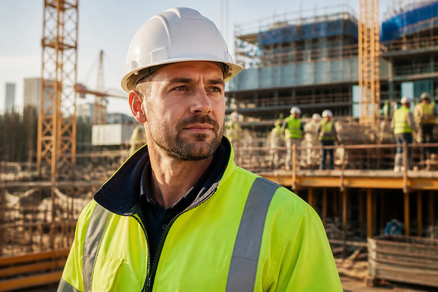 Site manager on a large construction site with cranes