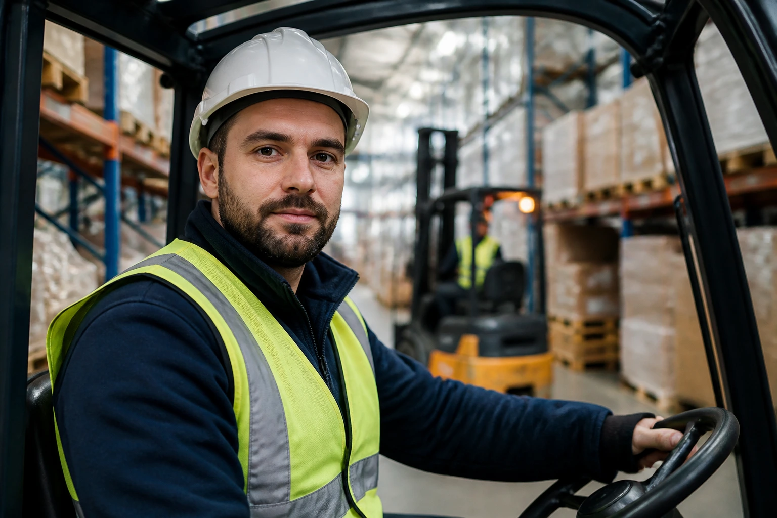 Forklift operator in a warehouse with safety gear