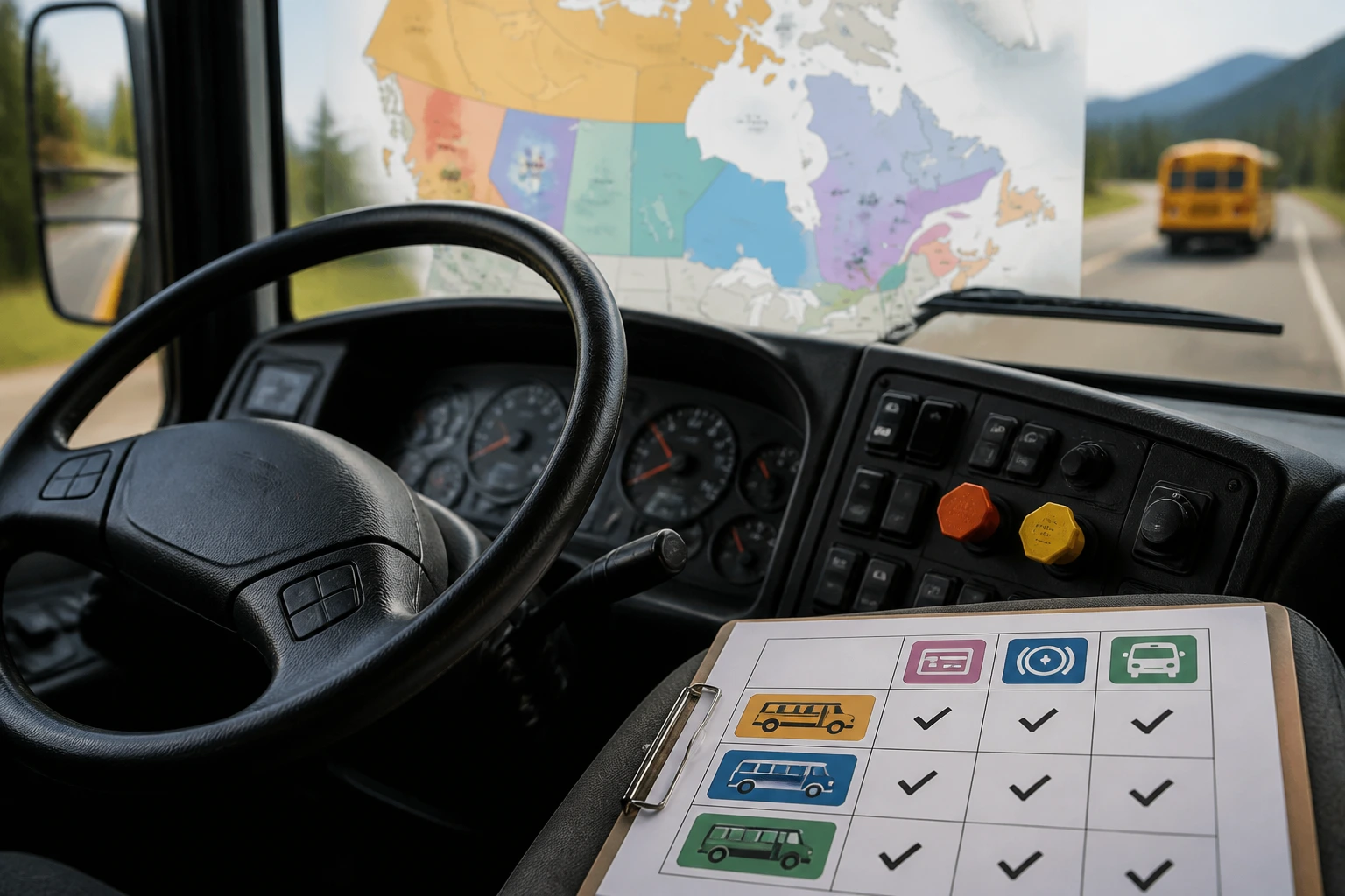 Bus cockpit interior with steering wheel and map in daylight