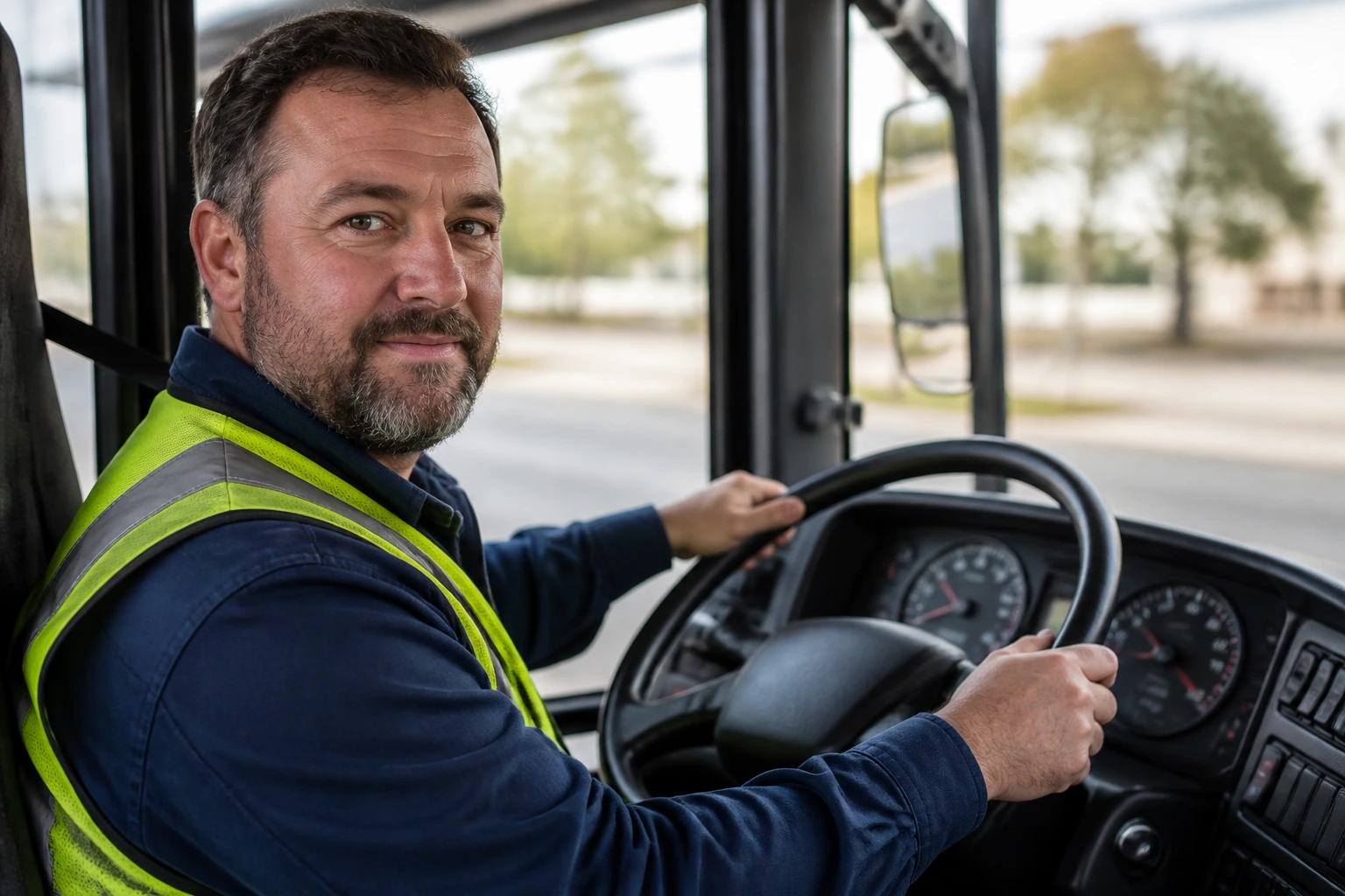 Bus driver gripping wheel in cabin, highlighting licensing context