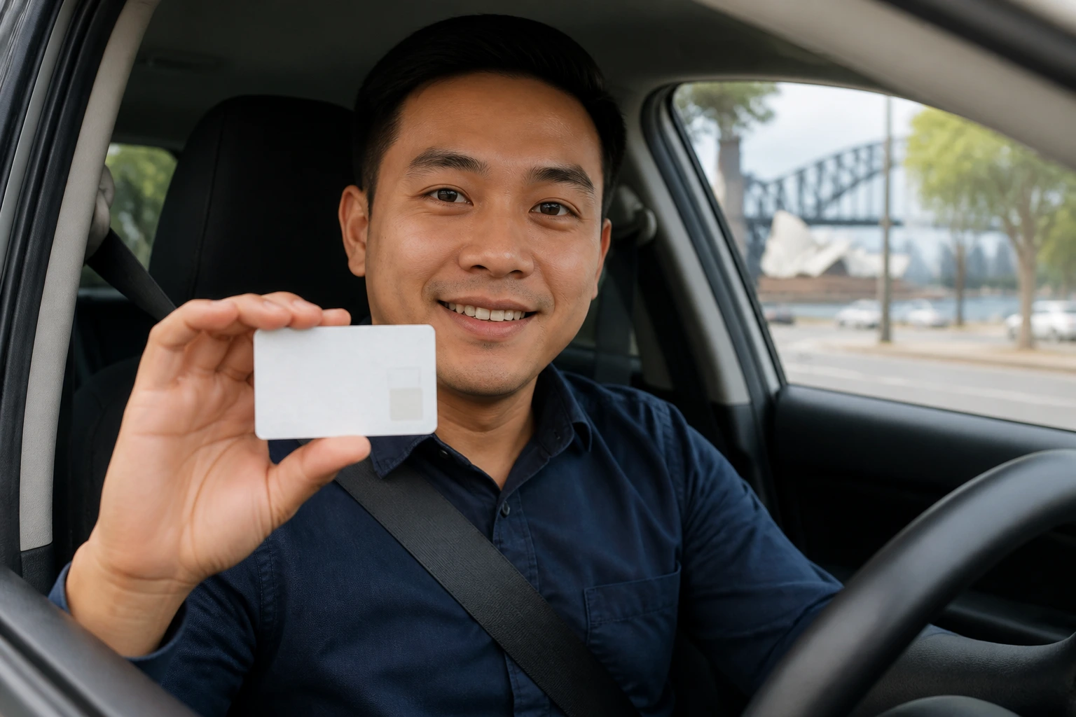 Portrait of a person holding a blank licence card symbolizing overseas licence conversion