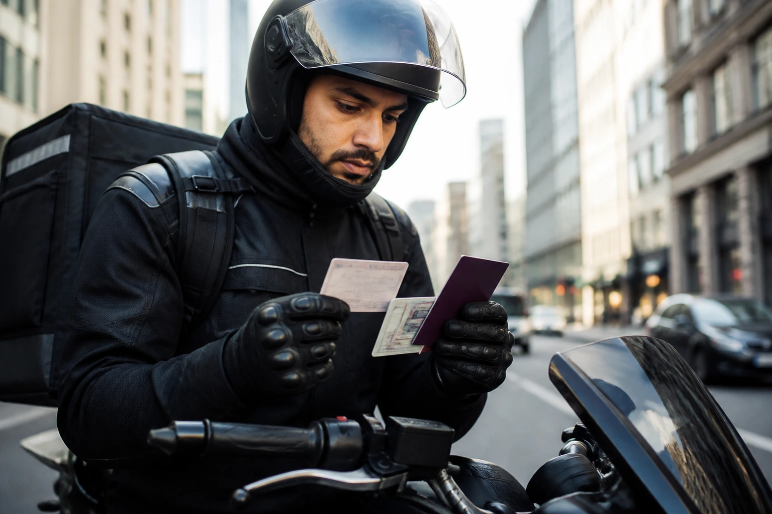 Rider in protective gear inspecting motorcycle in city environment