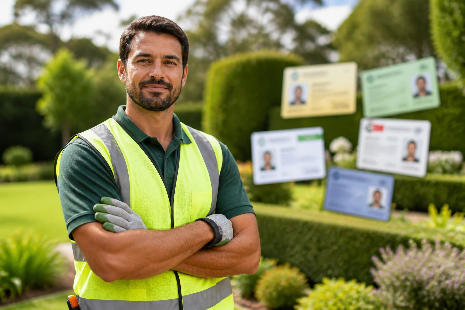 Gardener in safety vest with blurred credentials background, representing qualifications improving applications