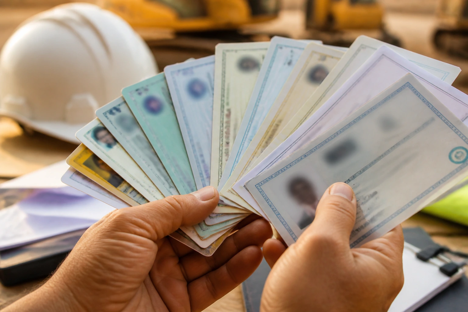 Close-up of hands holding blurred licenses and certificates on a desk with construction-site vibe