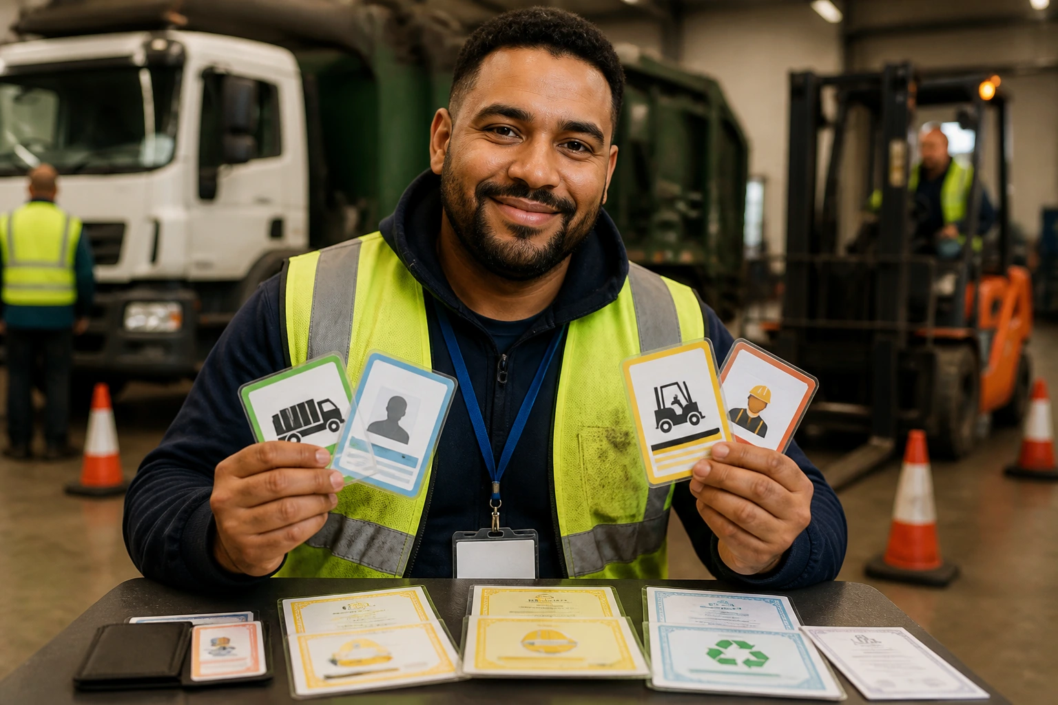 Waste worker wearing safety credentials in training area