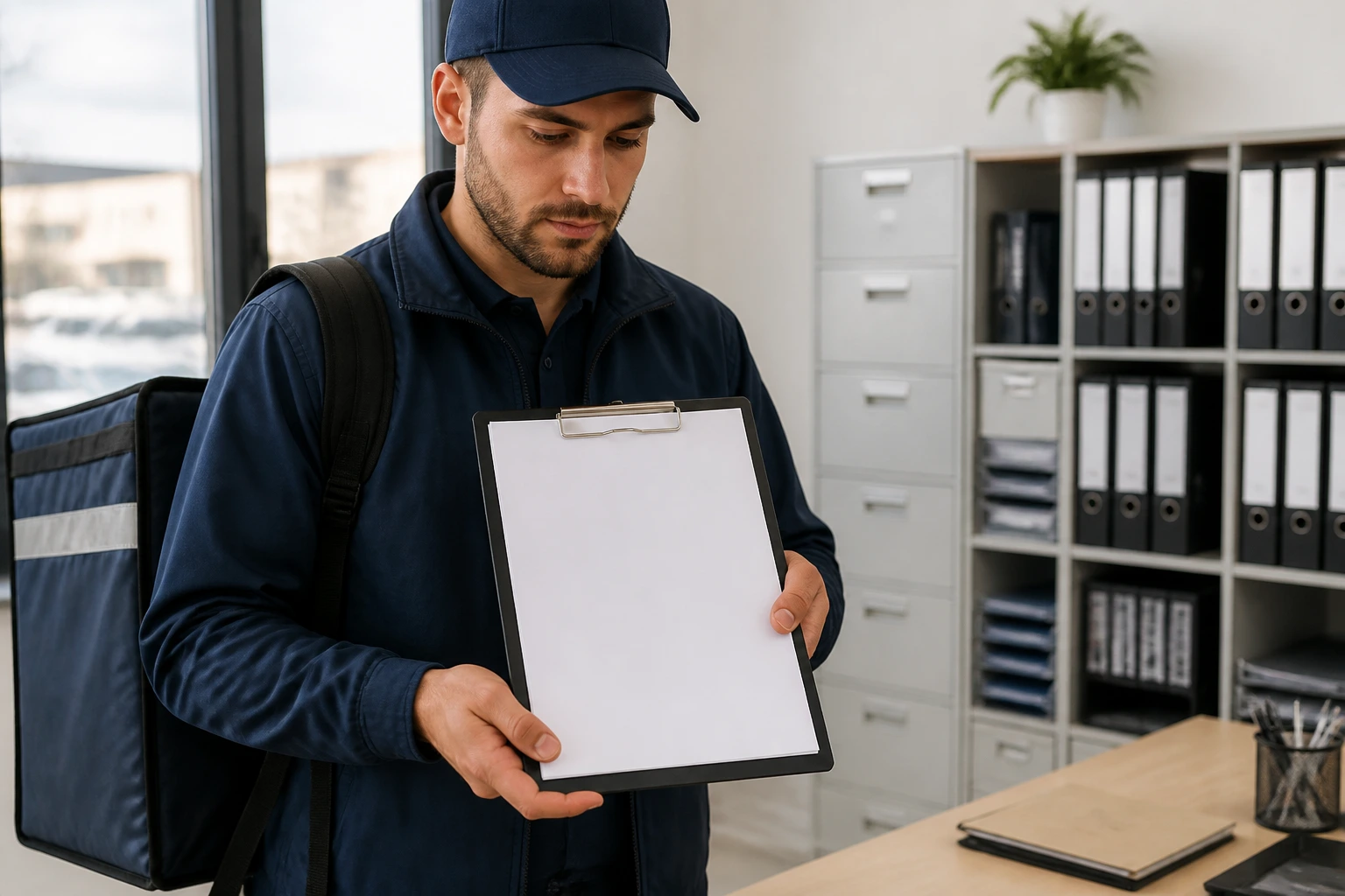 Delivery driver holding blank paperwork for licensing and checks in an office.