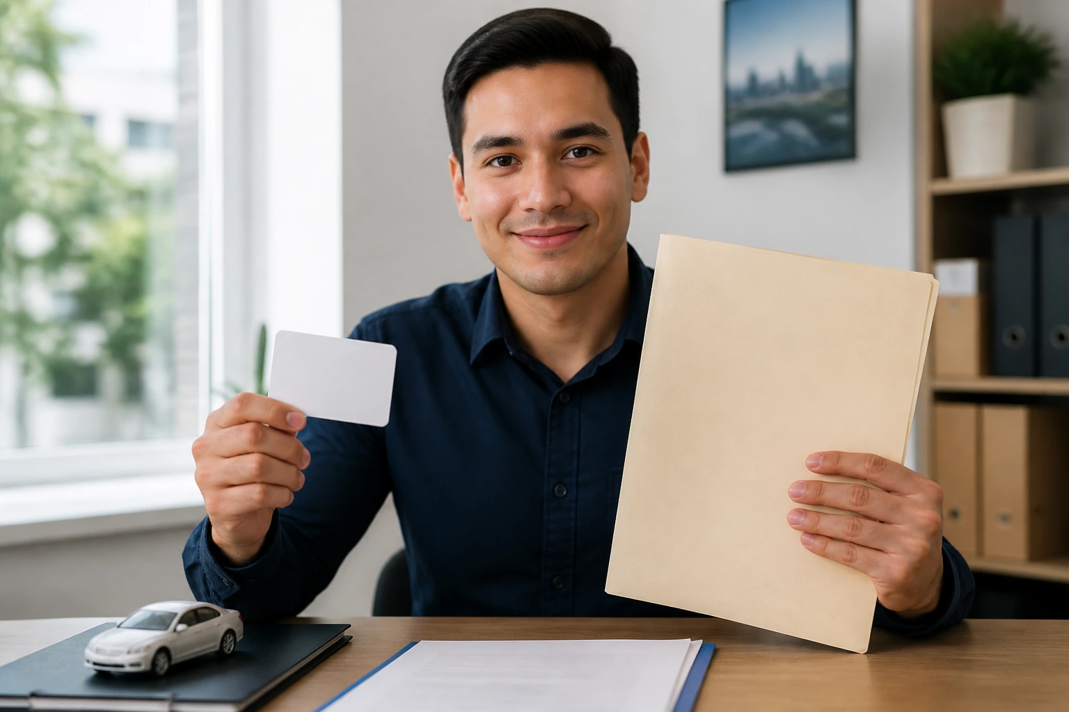 Person holding a blank permit card, representing licences and permits needed for driving jobs