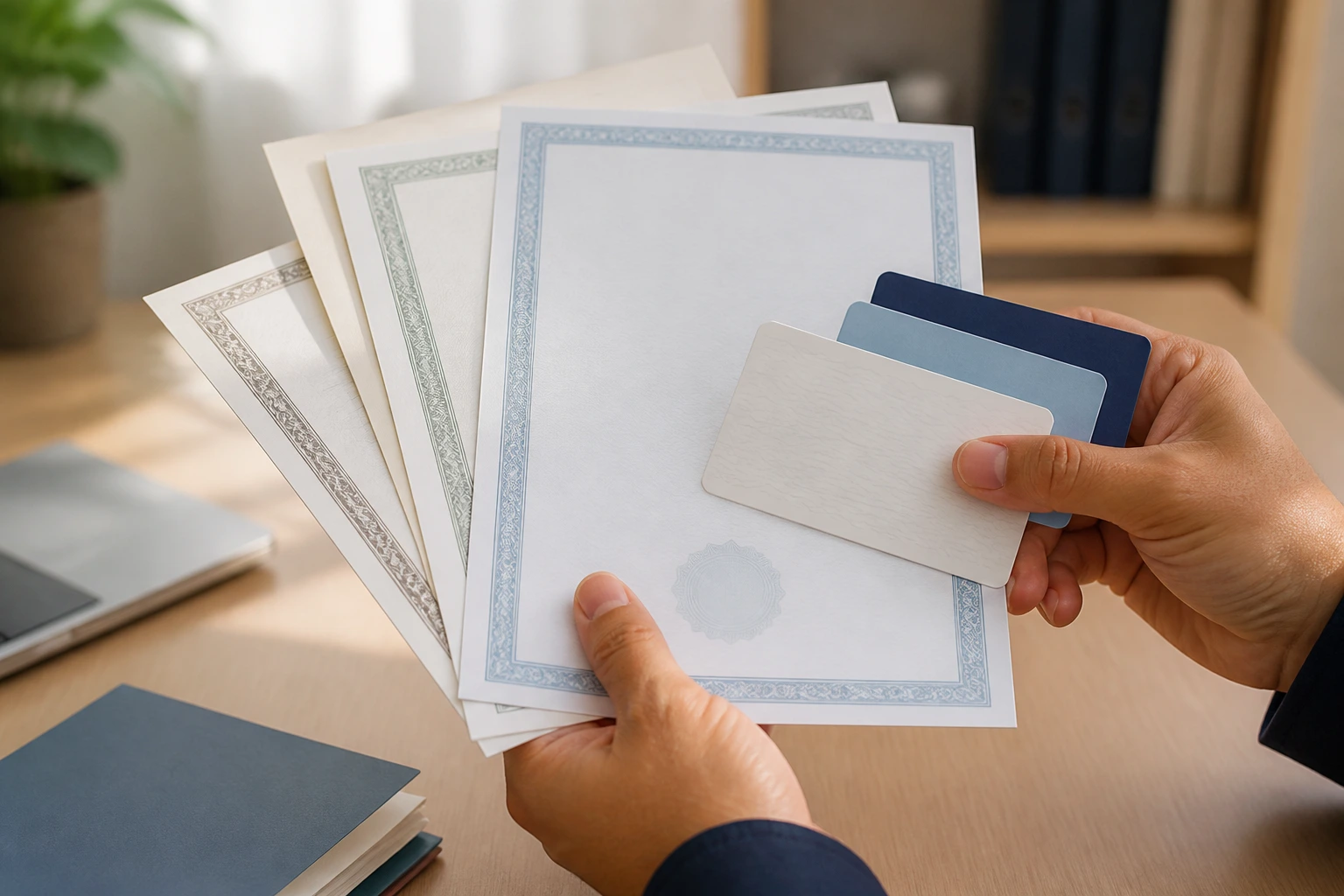 Close-up of hands holding blank licences, police checks, and short-course certificates on a desk.