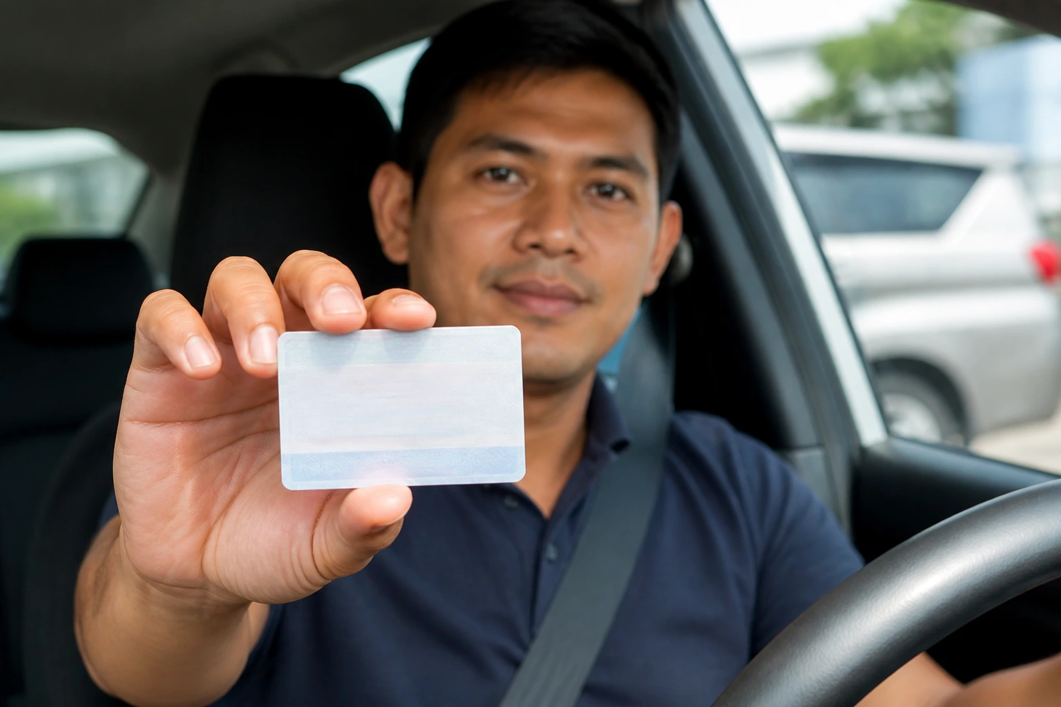Driver in a car holding a blank license-like card