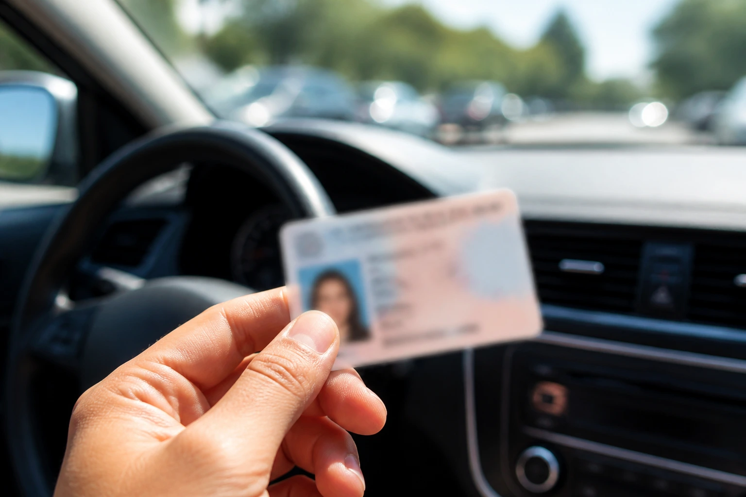 Hand holding a blurred license card with car interior in the background