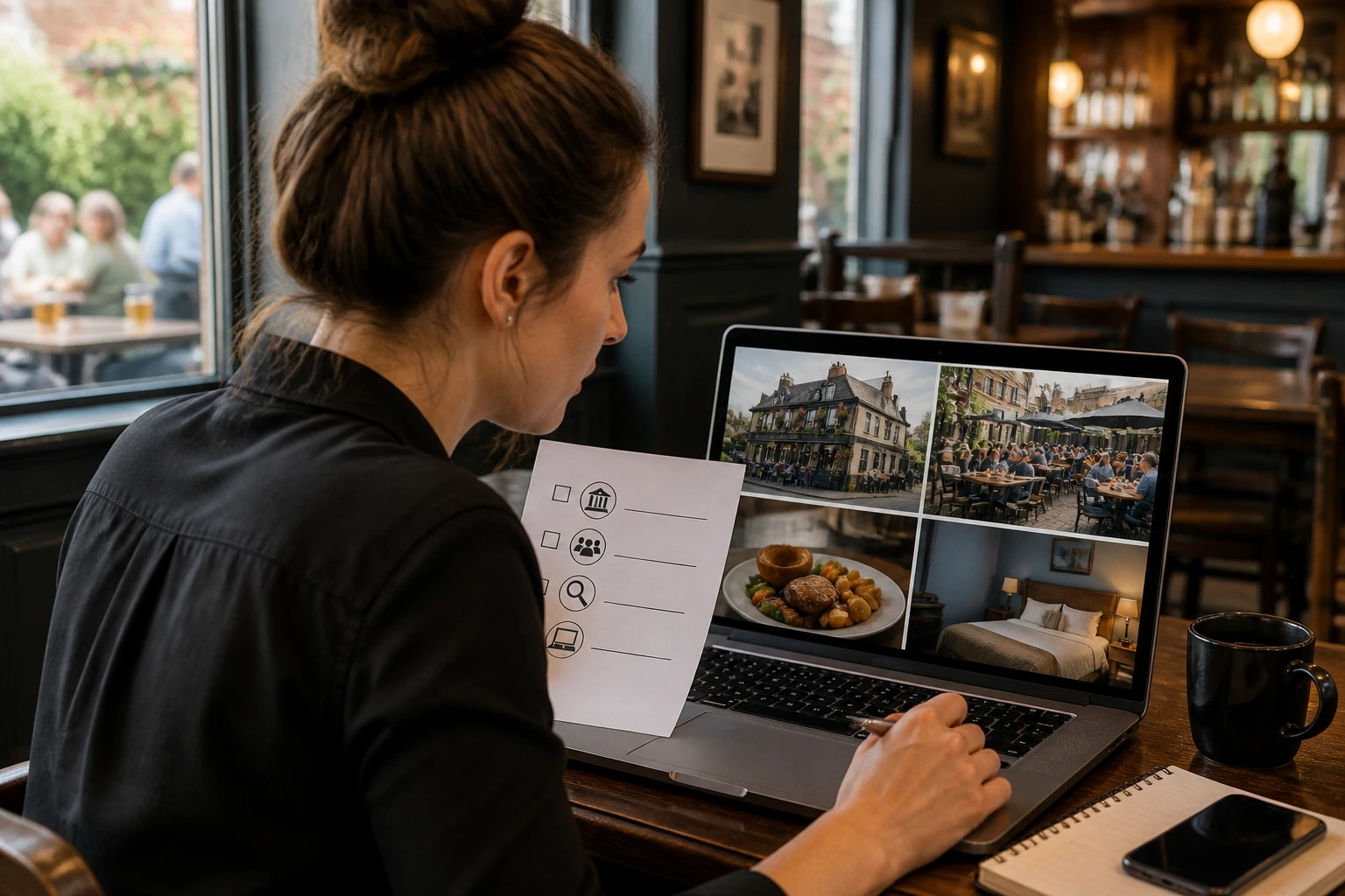 Person researching licensed pub employers at desk