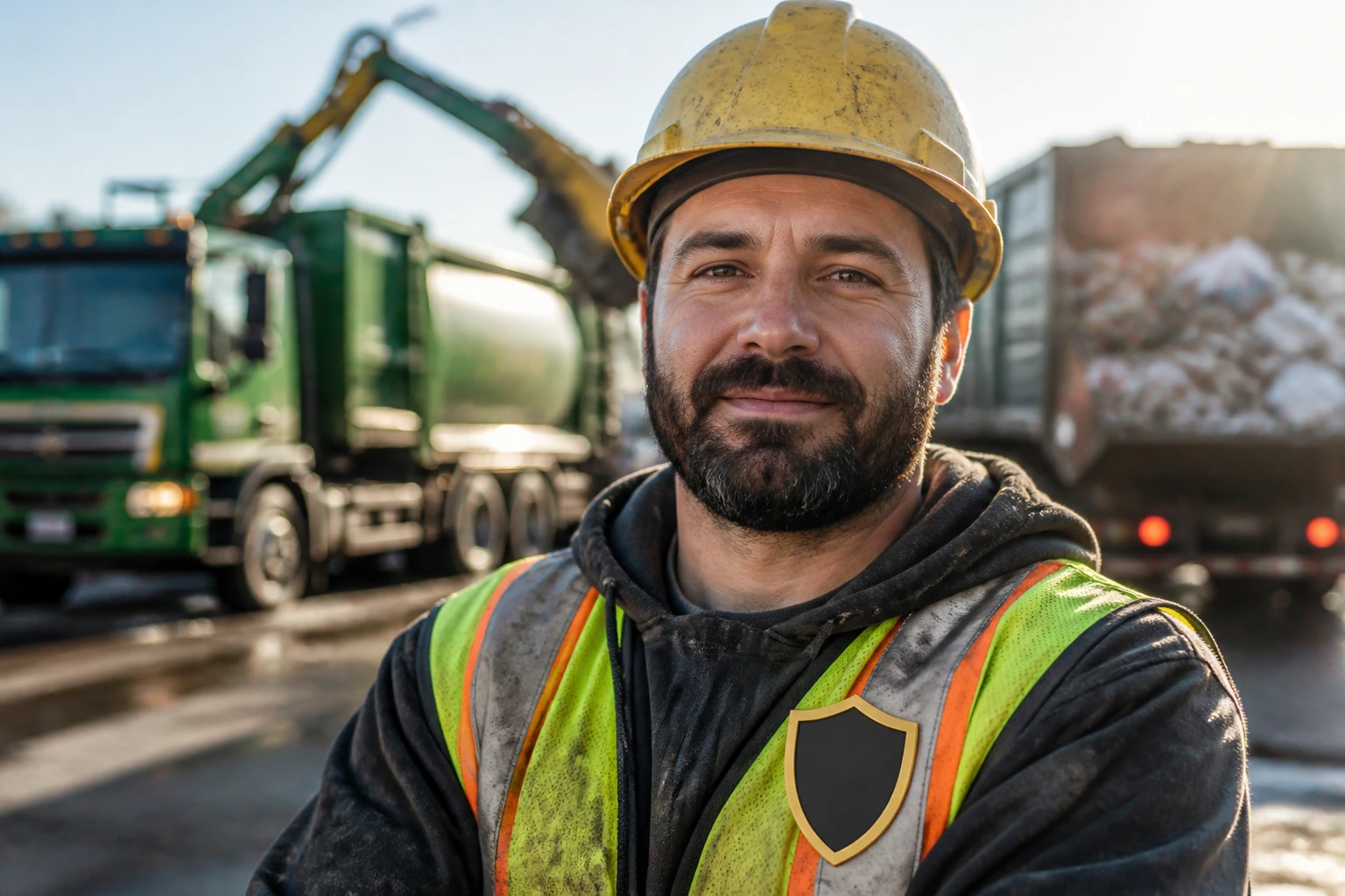 Close-up of a PPE-clad worker in a waste yard, badge suggesting licenses and training.
