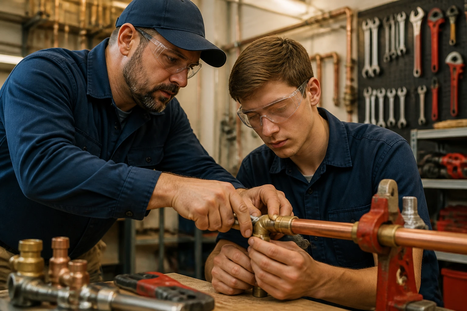 Plumber guiding apprentice on pipe fitting at a job site