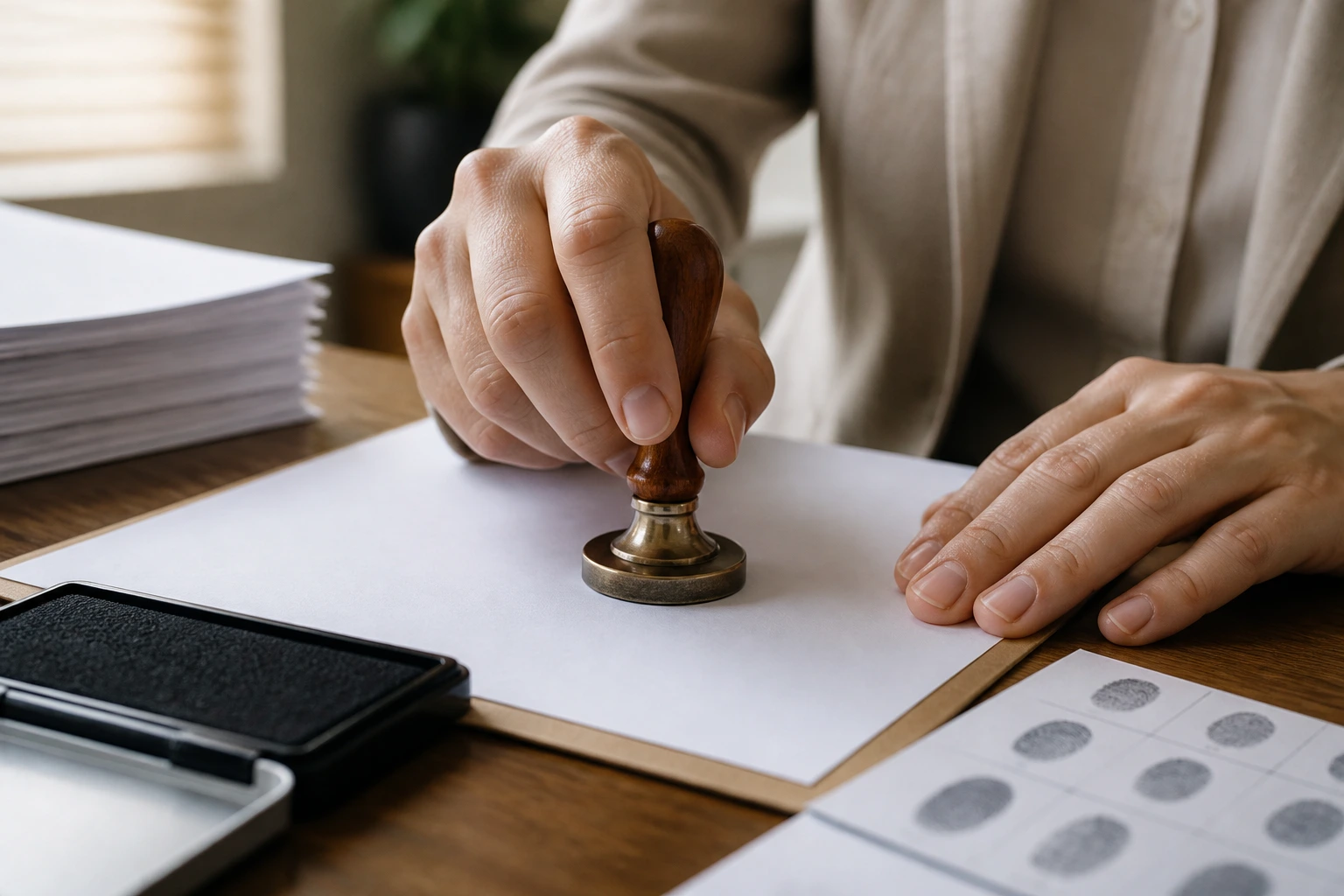 Close-up of hands stamping a blank document for licensing and background checks in an office.