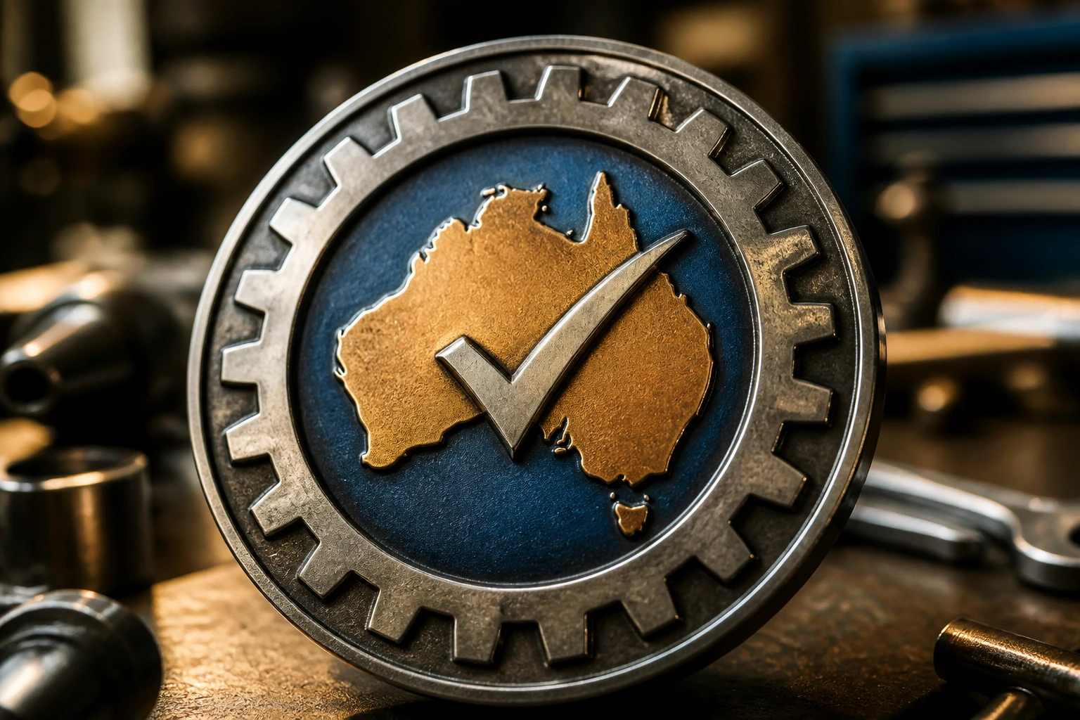 Close up of a licensing emblem with gear and checkmark in a workshop background