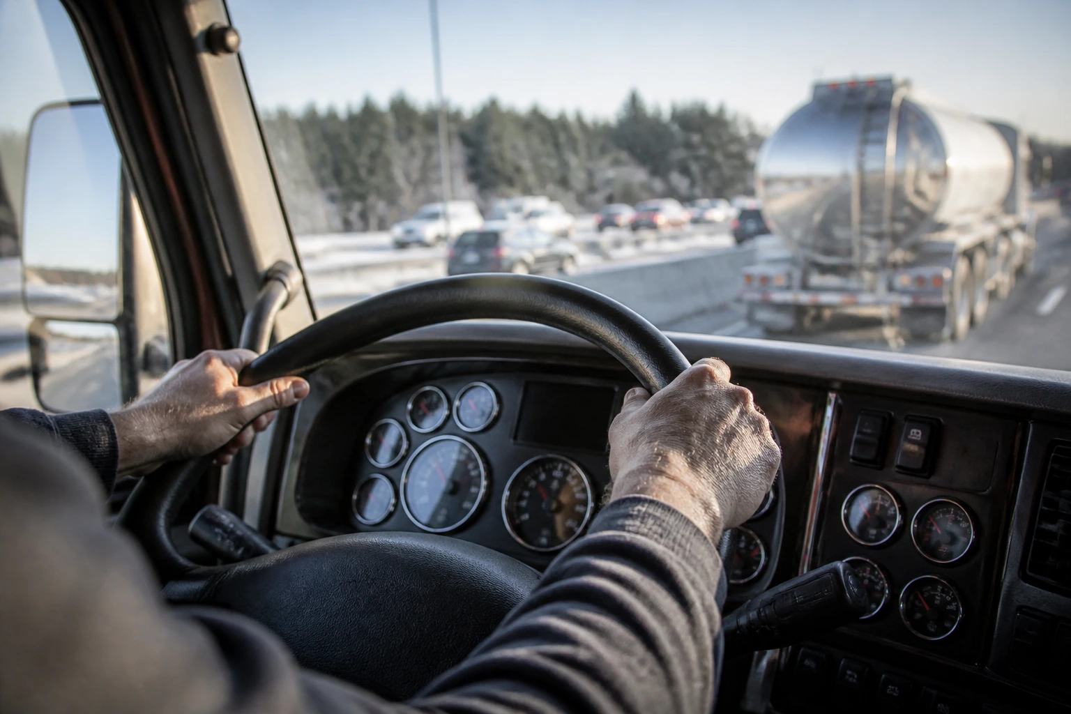 Tanker truck driver's hands on the steering wheel in a cab