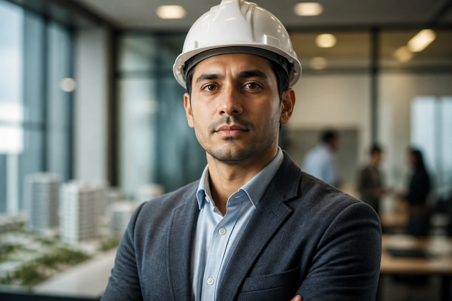 Close-up portrait of a determined civil engineer in a professional setting