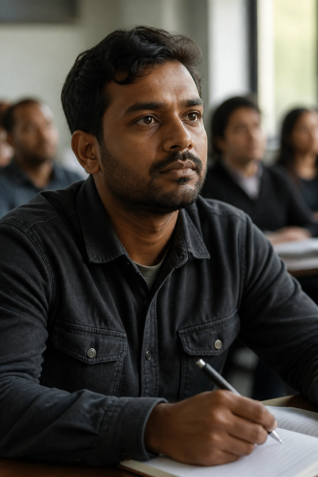 Close-up portrait of a hopeful taxi driver in a training facility